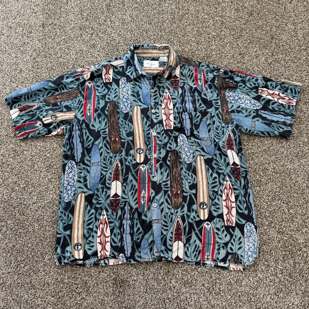 Bill Blass Silk Blend Vintage Surfboard Print Camp Shirt Large Resort Hawaiian
